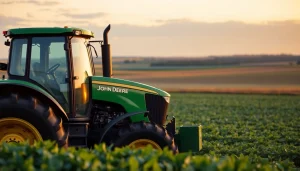 John Deere Traktor in einem grünen Feld, konzentriert auf die Leistung und Effizienz.