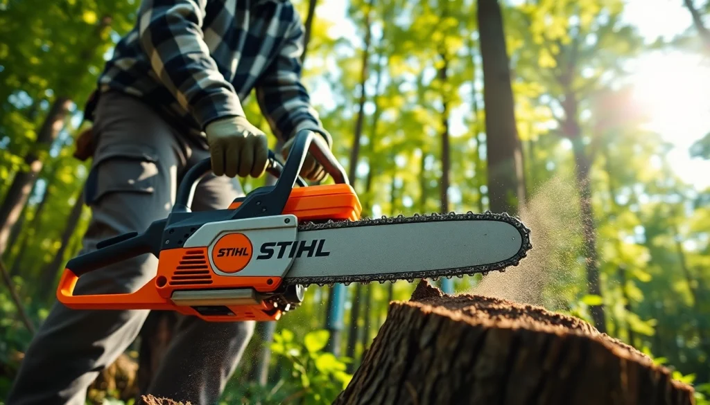 Stihl Motorsäge effizient in einem üppigen Wald eingesetzt, um einen Baum zu fällen.