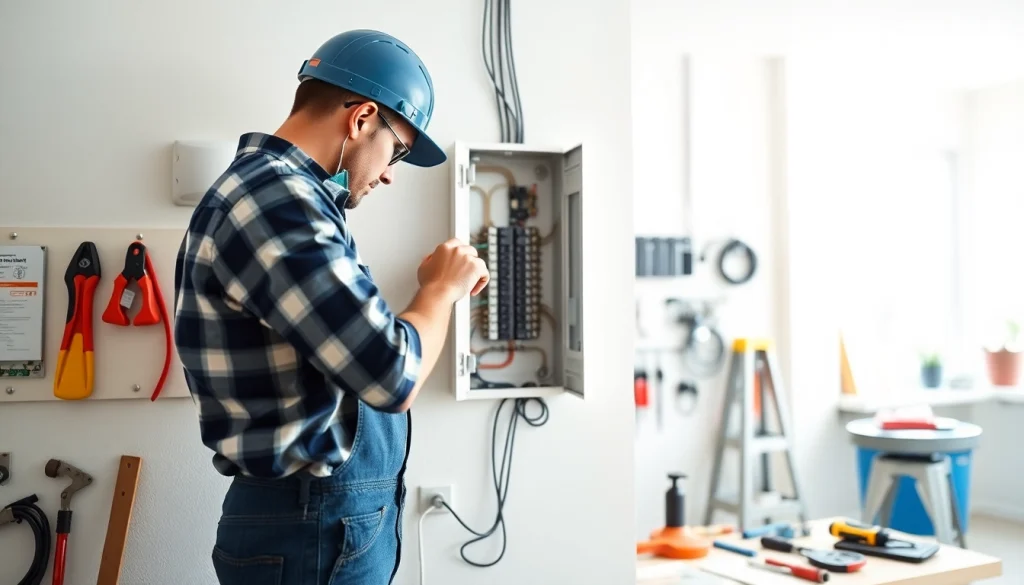 Illustration of an Electrical Panel Upgrade by a professional electrician showcasing tools and safety gear.