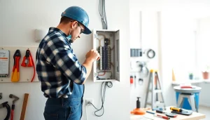 Illustration of an Electrical Panel Upgrade by a professional electrician showcasing tools and safety gear.