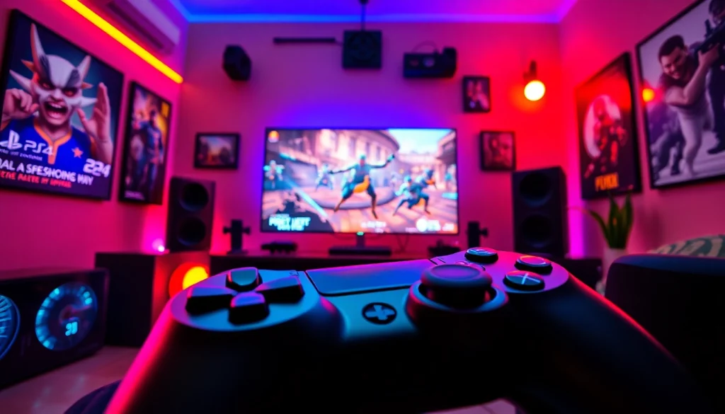 Gamer enjoying immersive PS4 games in a vibrant gaming setup with dynamic lighting.