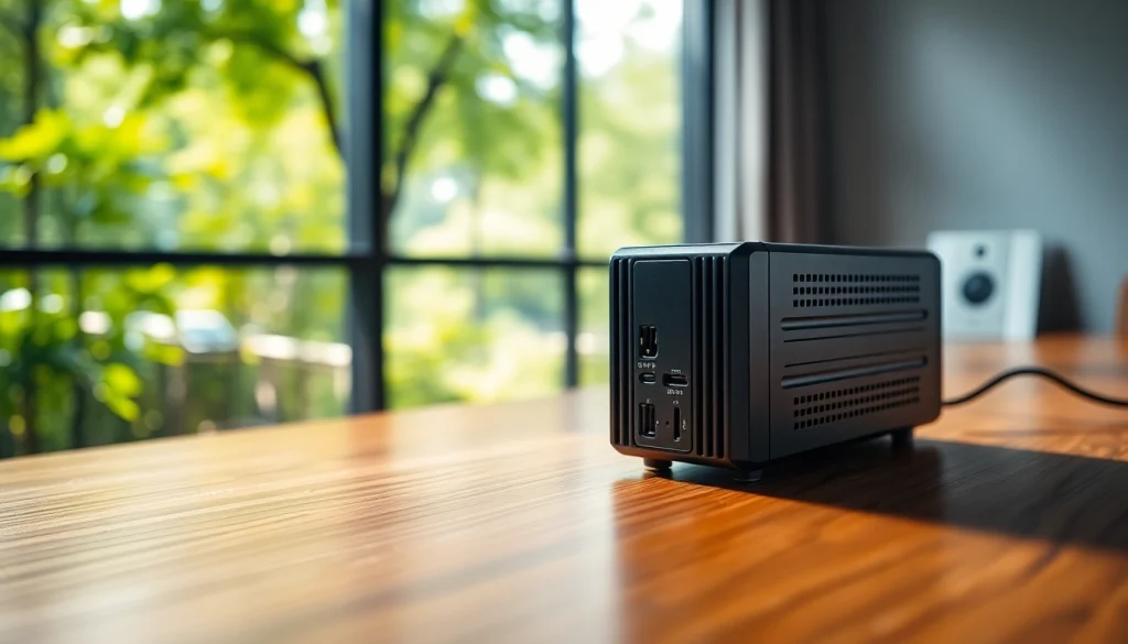 Showcasing starlink mini 12v power supply on a modern desktop with a natural outdoor background.