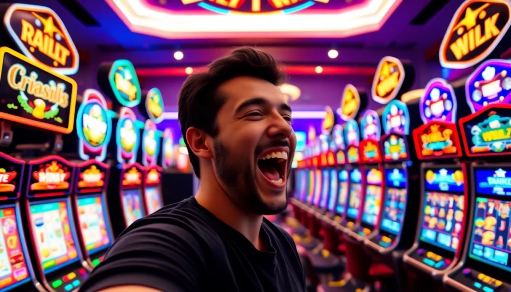 Permainan game slot di kasino dengan pemenang merayakan kemenangan, menampilkan suasana ceria.