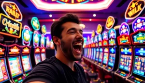 Permainan game slot di kasino dengan pemenang merayakan kemenangan, menampilkan suasana ceria.