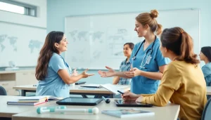 La educación en enfermería muestra a un educador interactuando con estudiantes en un aula moderna.
