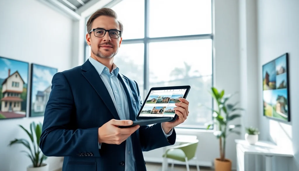 Buy a property showcased by a professional real estate agent in a bright office environment.