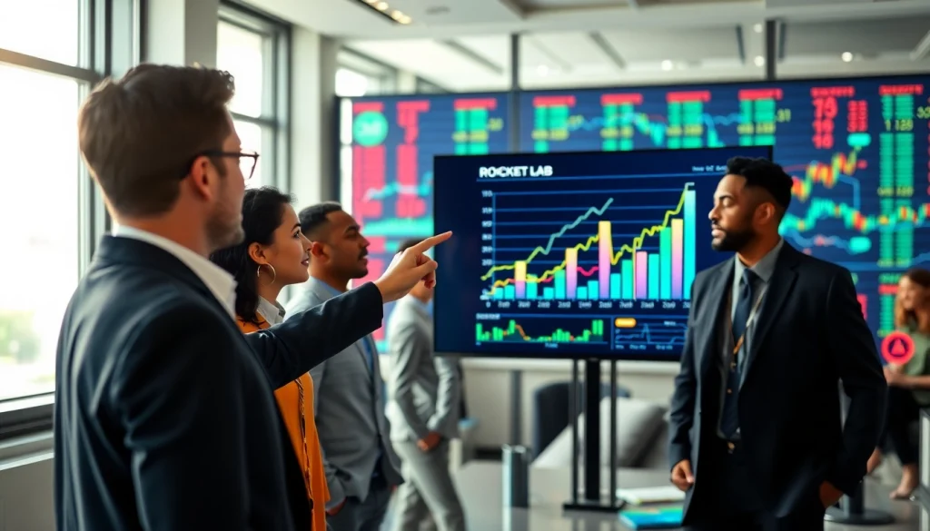 Analyze revenue trends of revenuerocketlab through a professional financial team in a modern office.