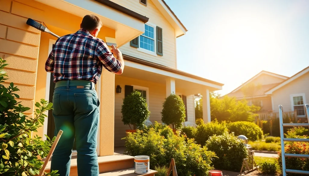 House painter near me diligently painting a suburban home with a bright garden backdrop.