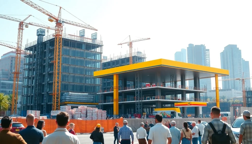 Gas station construction near me showcasing a dynamic building site bustling with activity.