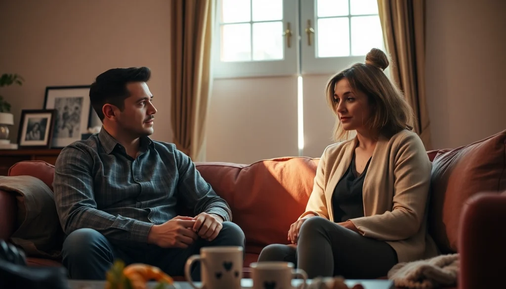Couple navigating an emotional conversation about their relationship breakup in a cozy living room.