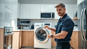 Technician performing appliance repair on a washing machine in a modern kitchen.