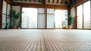 Usa el tatami japones de alta calidad en entrenamiento de artes marciales en un dojo iluminado