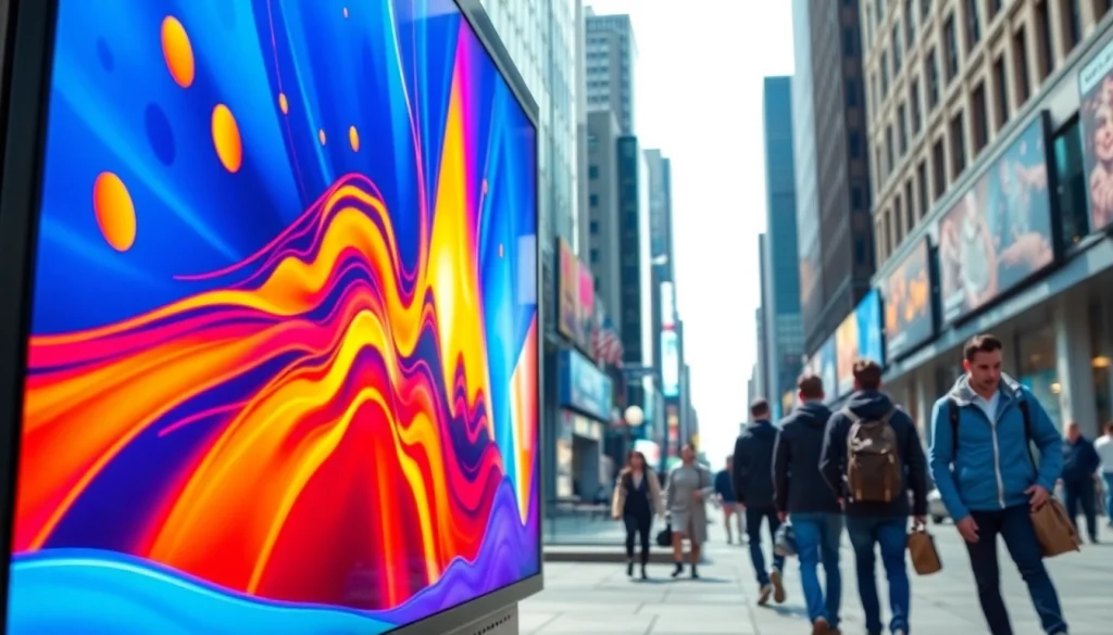 Engaging digital signage displays in an urban environment showcasing vibrant advertisements.