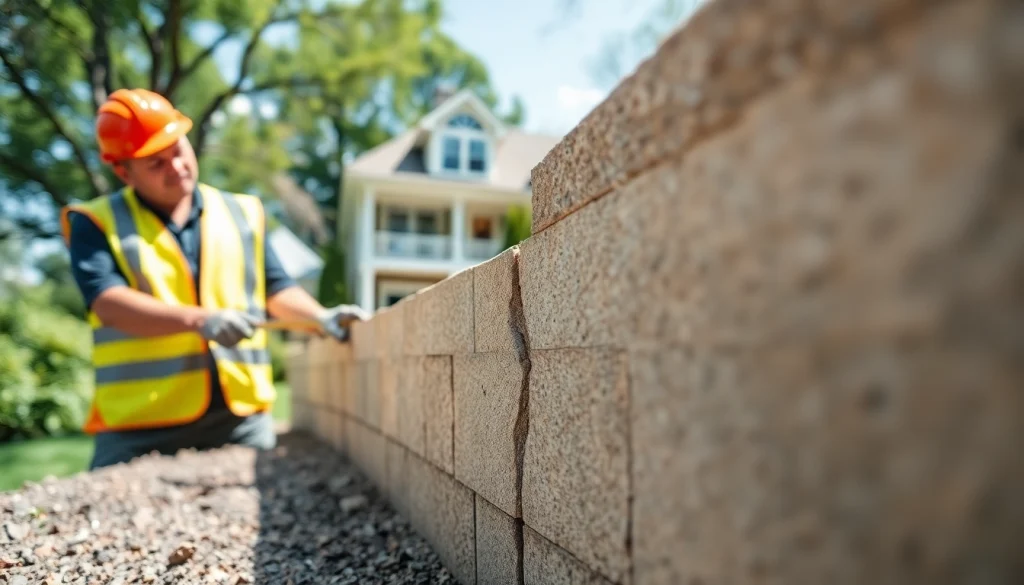 Inspecting foundation crack repair geneva with a technician focused on a crack in a home setting.