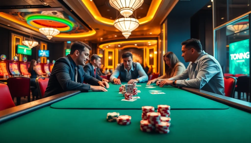 We1Win thrilling casino gaming experience with vibrant colors and players enjoying their time.