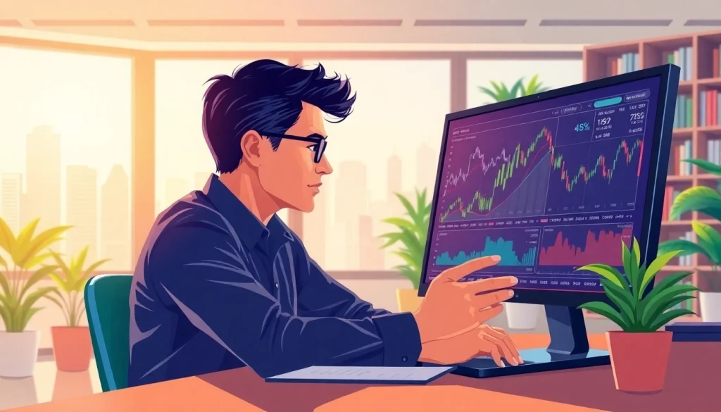 Visual representation of an expert analyzing artificial intelligence stock picks in a modern office.