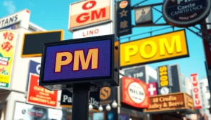 Explore vibrant pm signs in an urban environment, showcasing diverse signage styles and bright colors.