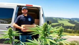 Cannabis Shipping to Oregon delivery driver holding a package with lush cannabis plants in the background.