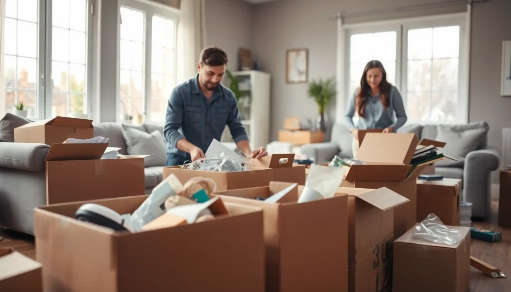 House clearance Sheffield team efficiently sorting belongings in a bright living room.