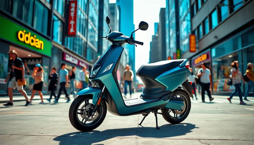 Riding an electric scooter through a lively urban street with a vibrant city background.