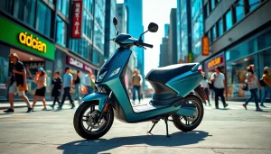 Riding an electric scooter through a lively urban street with a vibrant city background.