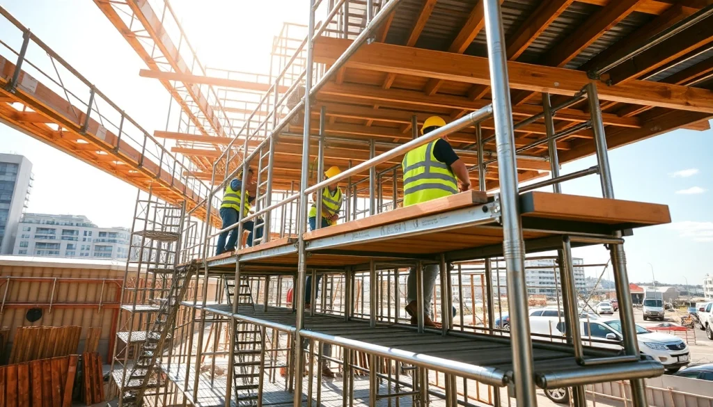 Workers setting up Whangarei scaffolding demonstrating safety and teamwork on a construction site.