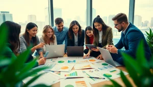 Cannabis marketing agency team collaborating in a modern office environment.