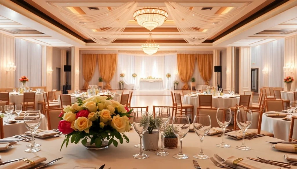 Beautifully arranged banquet table at le prestige hall showcases elegance and sophistication for events.