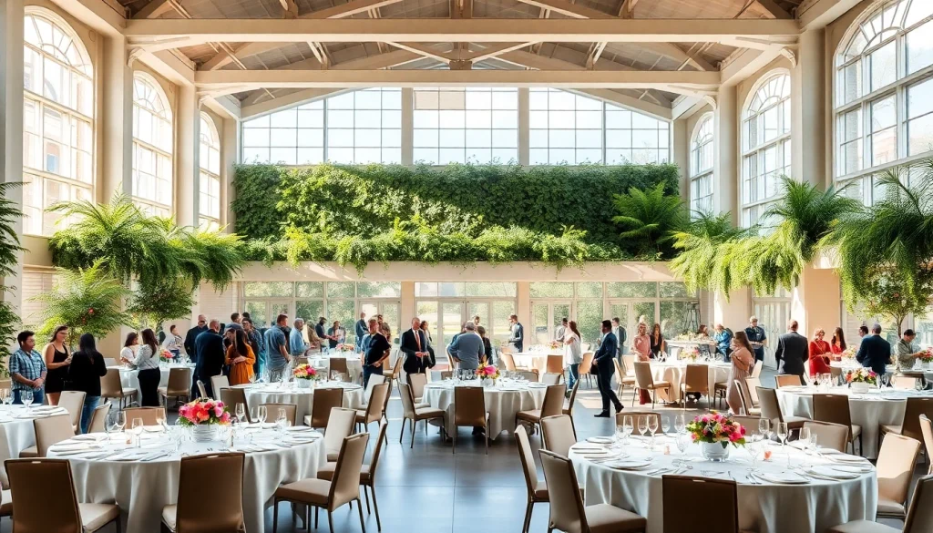 View a beautifully decorated trenton event center ready for a grand celebration with elegant tables set.