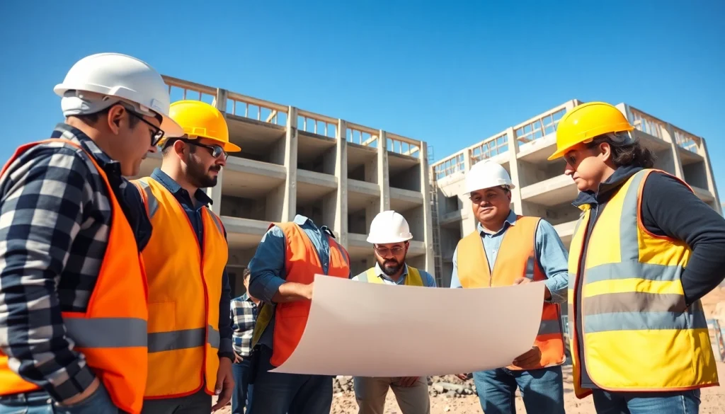 Engaged professionals collaborating on careers in construction at an active job site.