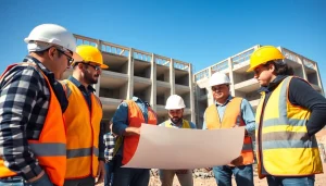 Engaged professionals collaborating on careers in construction at an active job site.