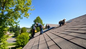 Workers performing Roof Replacement Vancouver Wa with care and precision under a clear sky.