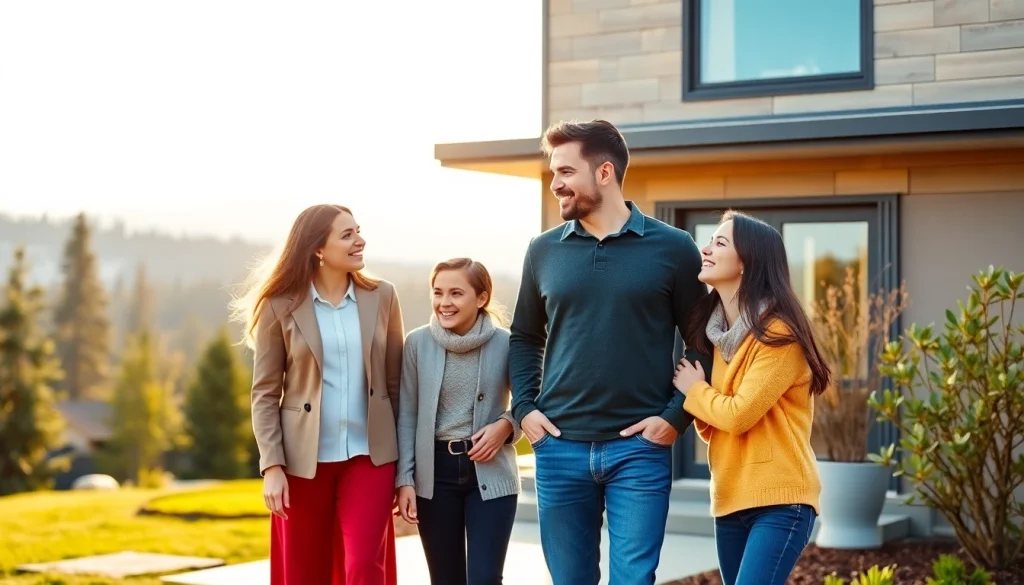 Family celebrating successful Canada immigration, expressing joy in front of their new Canadian home.