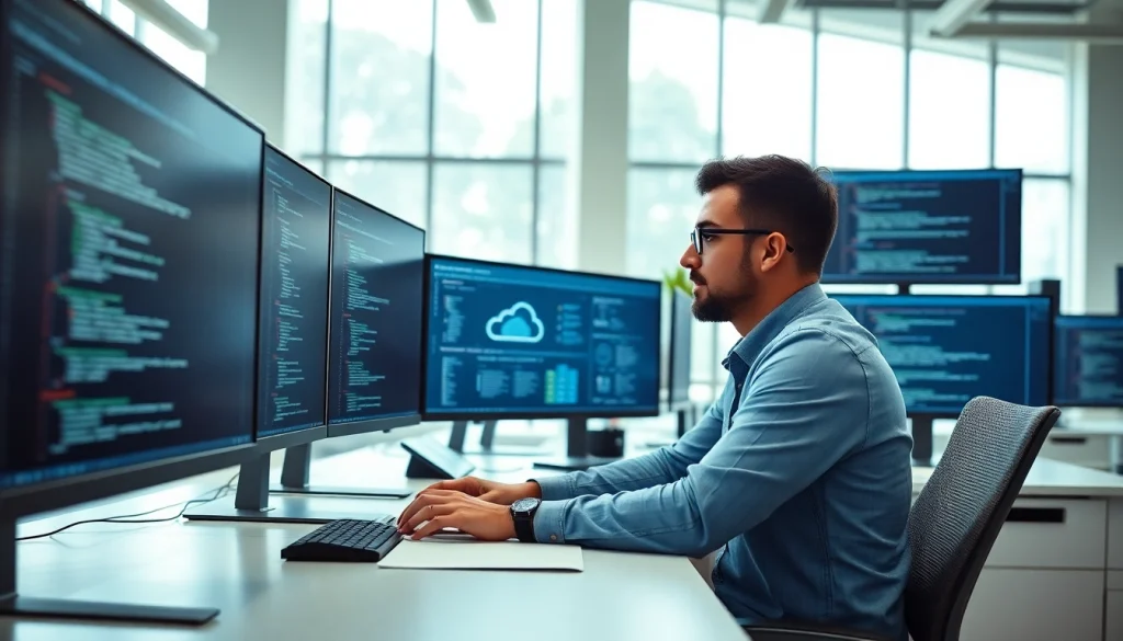 Showcase Cloud infrastructure and DevOps services with a professional engineer in an innovative office.