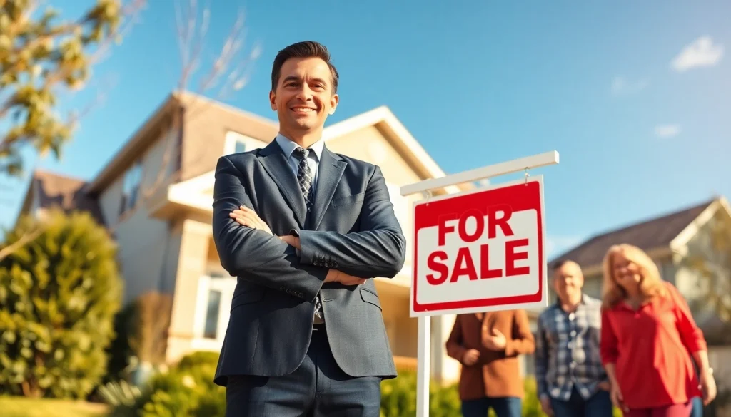 I want to sell my house urgently with a real estate agent and eager buyers discussing in front of a house.