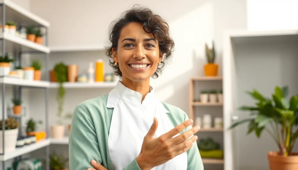 Engaging wellness expert shares nutrition insights at https://newimage.world/ with health products in the background.
