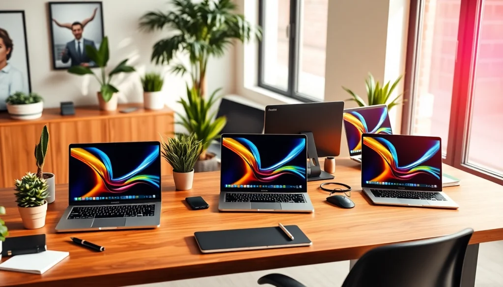 Showcasing the best laptop deals Kenya with an array of sleek laptop designs on a stylish desk.