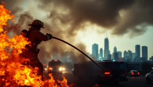 Fire protection efforts captured as a firefighter battles flames in an urban setting.