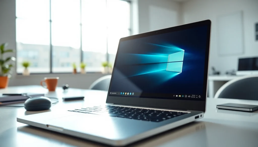 Installationsbild von Windows 11 Pro auf einem modernen Laptop in einem hellen, kreativen Büro.
