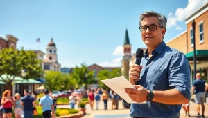 Capture of a journalist sharing jasper news in a vibrant community setting with a sunny backdrop.