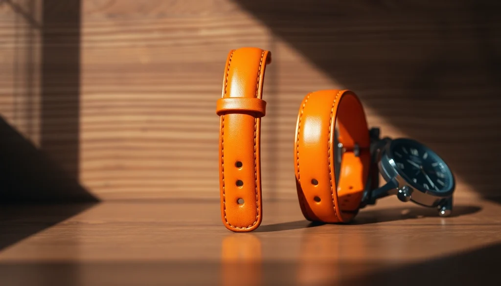 Stylish orange watch strap displayed elegantly next to a stylish watch on wood.