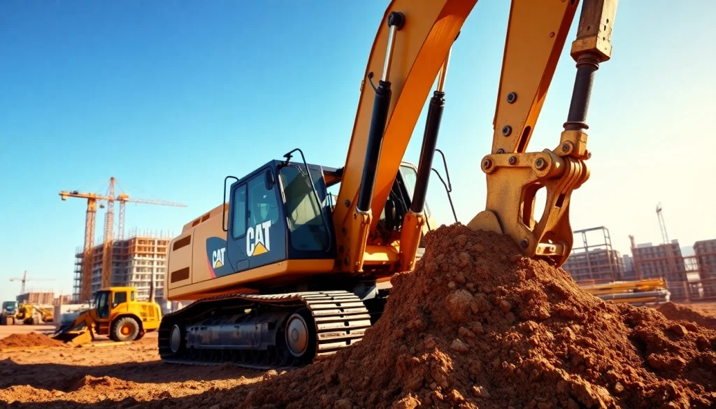 CAT excavator digging on a construction site, demonstrating durability and versatility.