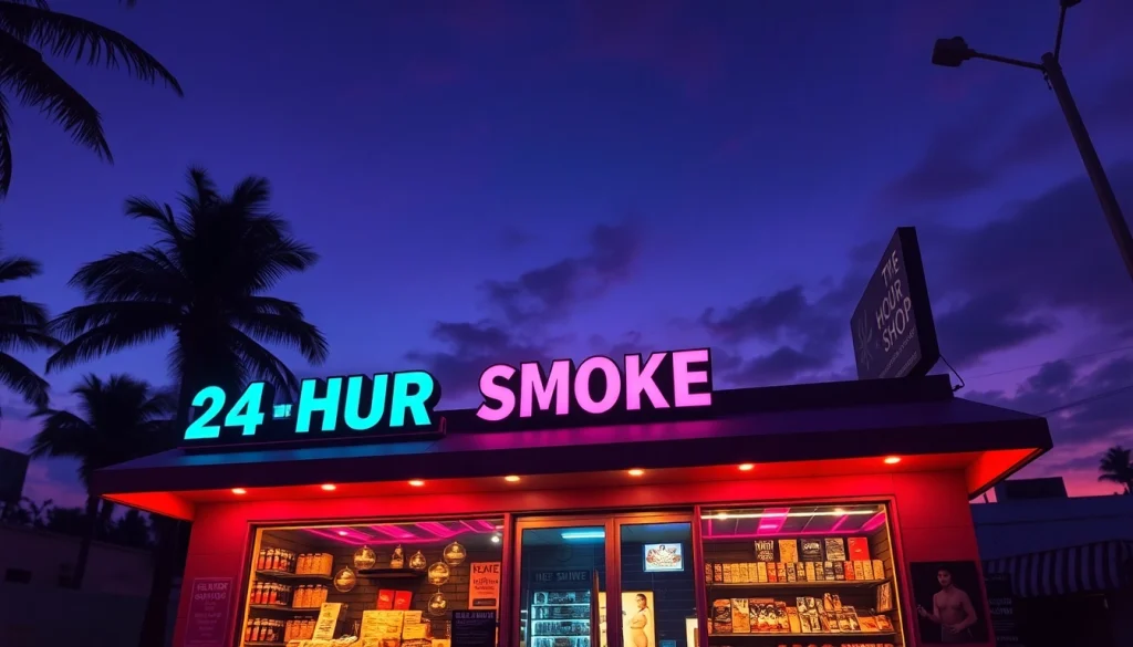 Discover the vibrant exterior of a 24 Hour Smoke Shop near me Miami, inviting visitors with neon lights.