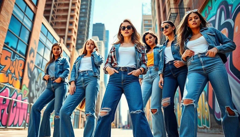 Showcasing stylish jeans from wholesale jeans manufacturers in a vibrant urban setting.