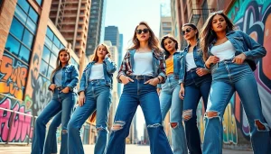 Showcasing stylish jeans from wholesale jeans manufacturers in a vibrant urban setting.
