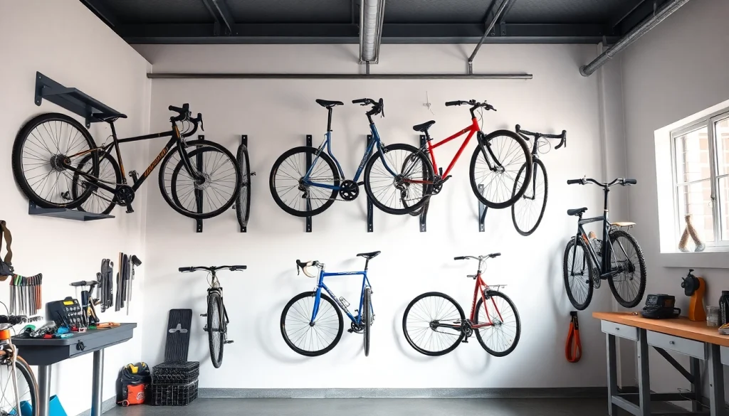 Showcase efficient wall-mounted bike storage with neatly arranged bicycles in a modern garage.