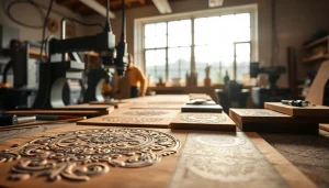 Showcasing stunning engravings with intricate designs in a bright workshop setting.