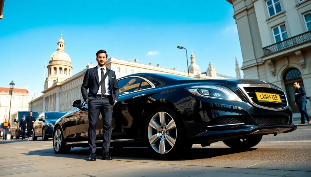 Opt for a premium chauffeur service London with an elegant driver beside a sleek black sedan.
