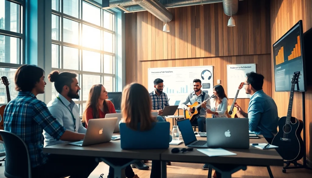 Music PR Firm collaborating in a modern office showcasing teamwork and creativity.