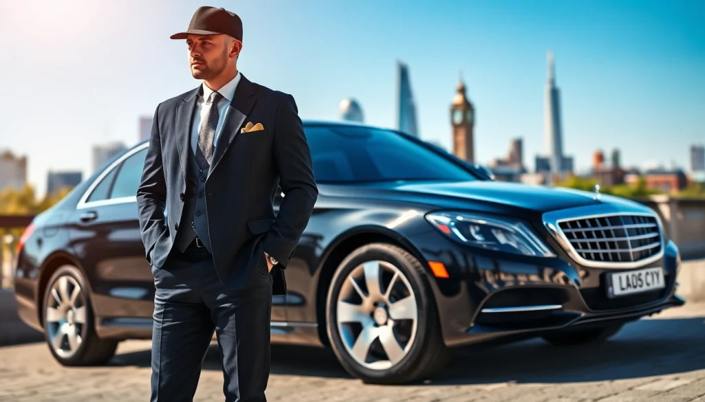 luxury black car with a professional london chauffeur in the iconic London skyline
